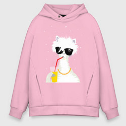 Толстовка оверсайз мужская Лама - альпака с бокалом, цвет: светло-розовый