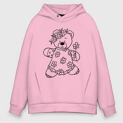 Толстовка оверсайз мужская Мишка с ромашками - раскраска, цвет: светло-розовый