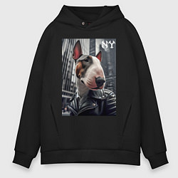 Толстовка оверсайз мужская Dude bull terrier in New York - ai art, цвет: черный