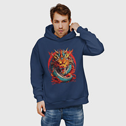Толстовка оверсайз мужская Китайский дракон в огне, цвет: тёмно-синий — фото 2