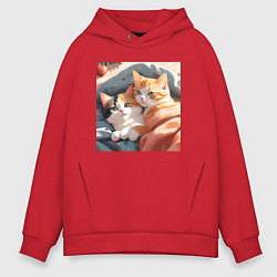 Толстовка оверсайз мужская Милые котята под одеялом, цвет: красный