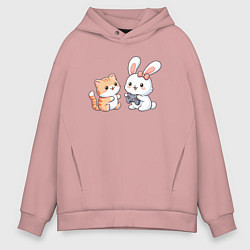 Толстовка оверсайз мужская Котик играет с кроликом, цвет: пыльно-розовый