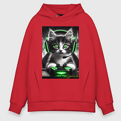 Толстовка оверсайз мужская Котёнок командный геймер - киберспорт, цвет: красный