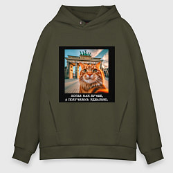 Толстовка оверсайз мужская Рыжий кот: хотел как лучше получилось идеально, цвет: хаки