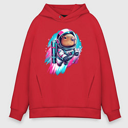 Толстовка оверсайз мужская Полёт космонавта капибары - нейросеть, цвет: красный
