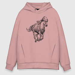Толстовка оверсайз мужская Лошадь в новогоднем колпаке, цвет: пыльно-розовый