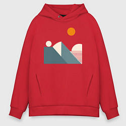 Толстовка оверсайз мужская Горы и солнце минимализм абстакция, цвет: красный