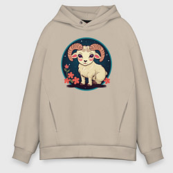 Толстовка оверсайз мужская Барашек знак зодиака Овен на фоне цветов, цвет: миндальный