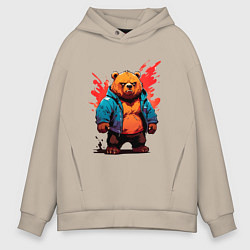 Толстовка оверсайз мужская Брутальный Михаил - сердитый мишка, цвет: миндальный