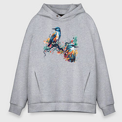 Толстовка оверсайз мужская Птицы на ветке дерева, цвет: меланж