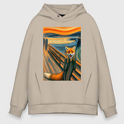 Толстовка оверсайз мужская Лиса кричит - мем картина от нейросети, цвет: миндальный