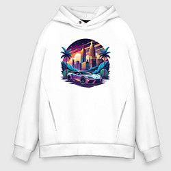Толстовка оверсайз мужская Автомобиль в ночном городе, цвет: белый