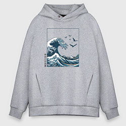Толстовка оверсайз мужская Большая волна в стиле японской картины винтаж, цвет: меланж