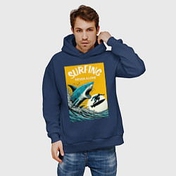 Толстовка оверсайз мужская Акула и серфер - нейросеть, цвет: тёмно-синий — фото 2