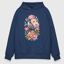 Толстовка оверсайз мужская Птица Калипта Анны среди цветов, цвет: тёмно-синий