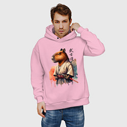 Толстовка оверсайз мужская Capybara samurai - ai art fantasy, цвет: светло-розовый — фото 2