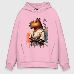 Толстовка оверсайз мужская Capybara samurai - ai art fantasy, цвет: светло-розовый