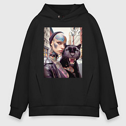 Толстовка оверсайз мужская Punk girl under the protection of a panther - New, цвет: черный