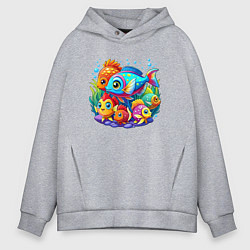 Толстовка оверсайз мужская Яркие тропические рыбки, цвет: меланж
