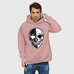 Толстовка оверсайз мужская Черно белый череп, цвет: пыльно-розовый — фото 2