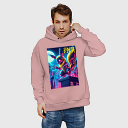 Толстовка оверсайз мужская Ужасный Пикачу на крыше небоскрёба - хэллоуин, цвет: пыльно-розовый — фото 2