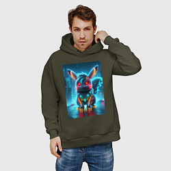 Толстовка оверсайз мужская Cyber Pikachu in the neon metropolis - ai art, цвет: хаки — фото 2