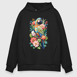 Толстовка оверсайз мужская Голубой попугай Ара среди цветов, цвет: черный