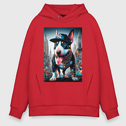 Толстовка оверсайз мужская Funny bull terrier in New York - ai art, цвет: красный