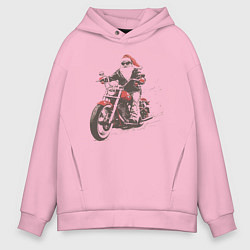Толстовка оверсайз мужская Дед мороз на мотоцикле чоппере, цвет: светло-розовый