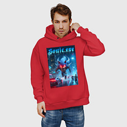 Толстовка оверсайз мужская Ёжик монстр в ночном мегаполисе - неоновое свечени, цвет: красный — фото 2