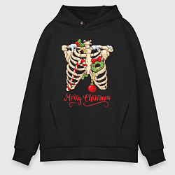 Толстовка оверсайз мужская Merry Christmas - skeleton, цвет: черный