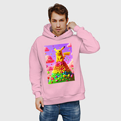 Толстовка оверсайз мужская Пикачу сидит на горе из монпансье, цвет: светло-розовый — фото 2