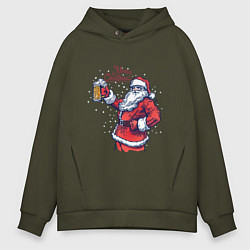 Толстовка оверсайз мужская Merry Christmas Santa beer, цвет: хаки