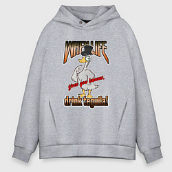 Толстовка оверсайз мужская Гусь в цилиндре с надписью, цвет: меланж