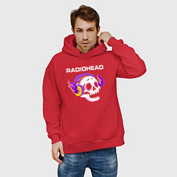 Толстовка оверсайз мужская Radiohead - неоновый череп, цвет: красный — фото 2