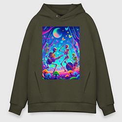 Толстовка оверсайз мужская Рок-группа скелетов даёт концерт в неоновом лесу, цвет: хаки