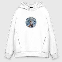 Толстовка оверсайз мужская Лиса, снег, зима, цвет: белый