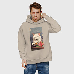 Толстовка оверсайз мужская Cat meme - japan style, цвет: миндальный — фото 2