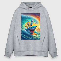 Толстовка оверсайз мужская Рик и Морти - сёрфинг на акуле, цвет: меланж