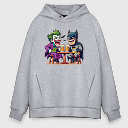 Толстовка оверсайз мужская Джокер и Бэтмен пьют пиво за столом, цвет: меланж
