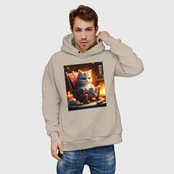 Толстовка оверсайз мужская Уютный кот у камина с чашкой какао, цвет: миндальный — фото 2