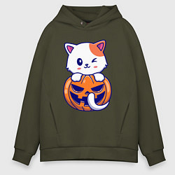 Толстовка оверсайз мужская Halloween meow, цвет: хаки