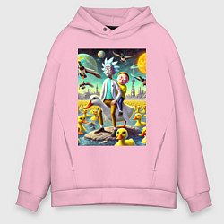 Толстовка оверсайз мужская Рик и Морти сидят на утке на одноимённой планете, цвет: светло-розовый