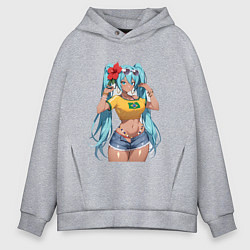Толстовка оверсайз мужская Miku Hatsune с цветком, цвет: меланж