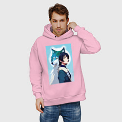 Толстовка оверсайз мужская Мечтательная девчонка и волк - нейроарт, цвет: светло-розовый — фото 2