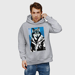 Толстовка оверсайз мужская Волк в мегаполисе - нейроарт, цвет: меланж — фото 2