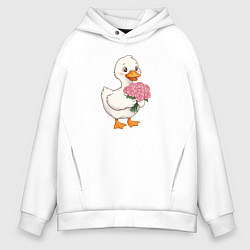 Толстовка оверсайз мужская Милая уточка с букетом роз, цвет: белый