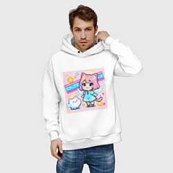 Толстовка оверсайз мужская Милая кошка в сарафане, цвет: белый — фото 2