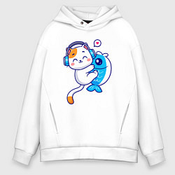 Толстовка оверсайз мужская Котик и рыба, цвет: белый