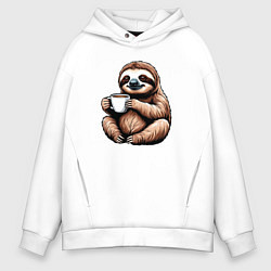 Толстовка оверсайз мужская Ленивец пьет кофе, цвет: белый